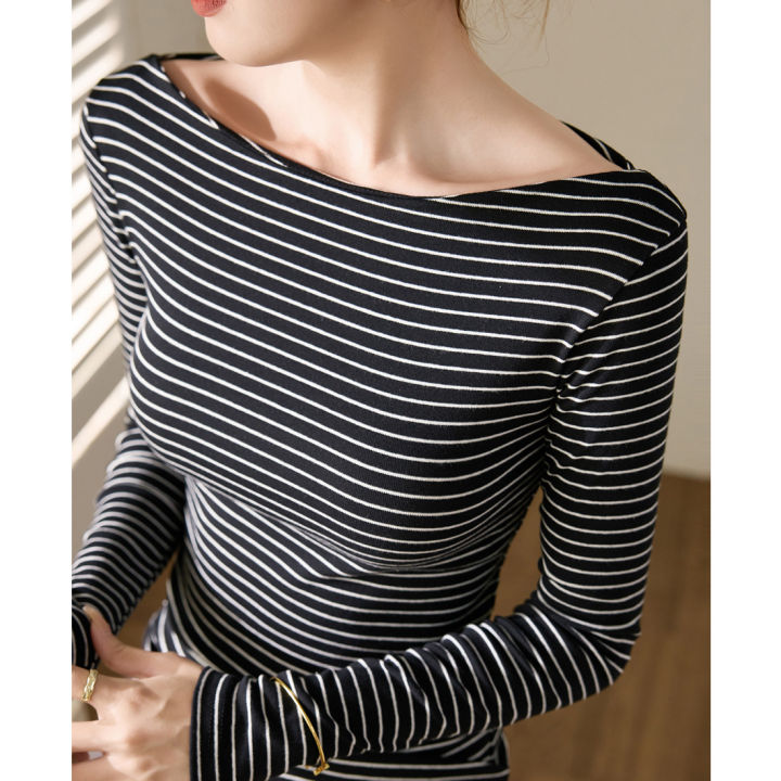High-Grade%20Retro%20off-Neck%20Stripes%20T%20T-shirt%20Women's%20Long%20Sleeve%202024%20Autumn%20and%20Winter%20New%20Slim%20Cotton%20Bottoming%20Shirt%20Top%20-%20Image%207