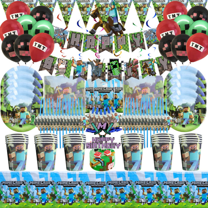 Miner Crafting Pixel Game Party Decoration Disposable Tableware Paper Plates Tablecloths Kids Birthday Baby Shower Supplies Gift MuXiaRe