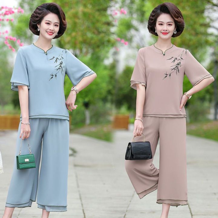 Middle-Aged%20and%20Elderly%20Women's%20Summer%20Mom%20Suit%20Western%20Style%20plus%20Size%20Wide%20Lady%20Temperament%20Short%20Sleeve%20Casual%20Chiffon%20Two-Piece%20Thin%20-%20Image%207