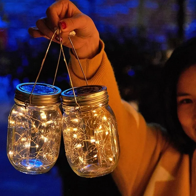 Mason Jar Solar Lights, Waterproof 20 LED Fairy Firefly Kit for Outdoor Decor - Warm White(2 Pack
