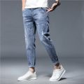 High Quality Brand Summer Stretch Cotton Hole Men's Ankle Length Jeans Thin Streetwear Design Denim Pants Korea Casual Trousers.
