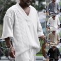 Men Top Men's Retro Applique V Neck Half Sleeve Loose Fit T-shirt Soft Breathable Sports Casual Tee Polyester Half-sleeve Shirt.