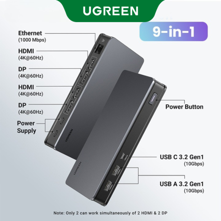 UGREEN USB C Docking Station for M1 / M2 MacBook, 9-in-1 Docking Station Dual Monitor 4K@60Hz, 2x HDMI, 2x DisplayPort, 100W PD for Laptop, 10Gbps USB-C & USB-A Data Ports, 1Gbps Ethernet