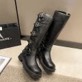 miu*Model Style Belt Buckle Chunky Heel Martin Boots Women's Spring/Summer Leather Retro below the Knee Boots Western Boots. 