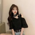 35 Summer New Korean Style Sense of Design Tie Neck off Shoulder Short Sleeve T Women's T-shirt ins Super Hot All-Matching Loose Preppy Style Top.