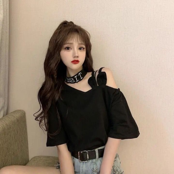 35%20Summer%20New%20Korean%20Style%20Sense%20of%20Design%20Tie%20Neck%20off%20Shoulder%20Short%20Sleeve%20T%20Women's%20T-shirt%20ins%20Super%20Hot%20All-Matching%20Loose%20Preppy%20Style%20Top%20-%20Image%204