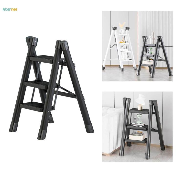 Folding Ladder Space Saving Non Slip Thickened Portable Black Sturdy Stepladder for Three layers