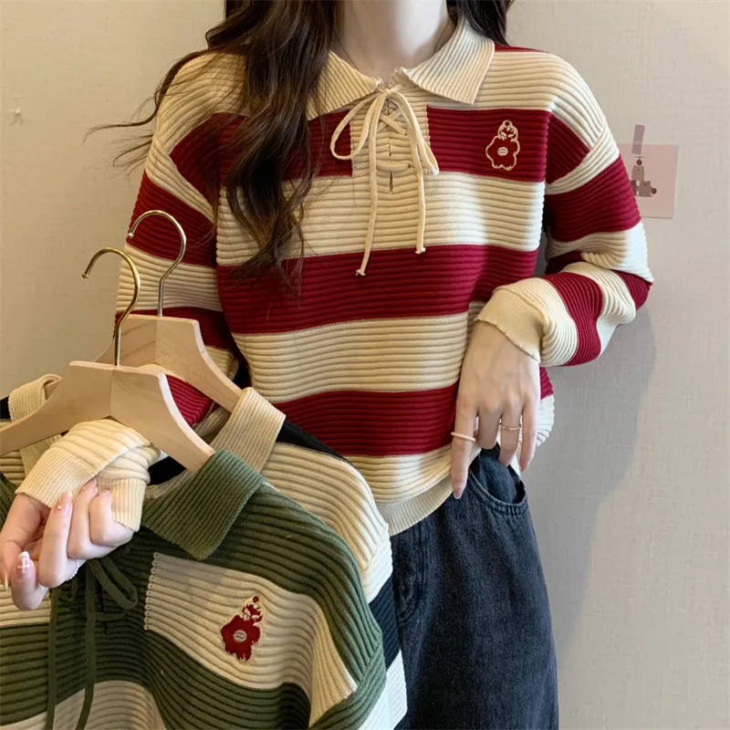 korean Bottoming Shirt Women's red Top Striped patchwork casual