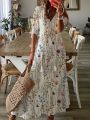 Summer V Neck Half Sleeve Long Beach Dress Women Print A-Line Loose Dress Cover-Ups Boho Casual Lace Up Beach Dress Cover-Ups. 