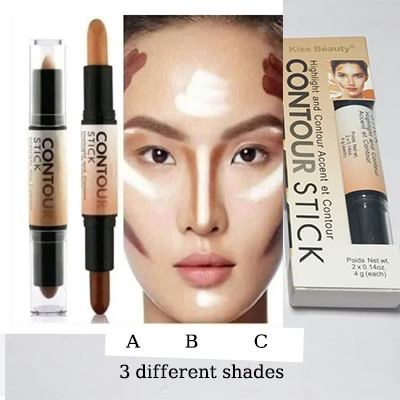 Professional 2 in 1 Highlighter Contour Stick Concealer Contouring Shade and Highlighter, Easy-to-Blend Formula, for a Defined and Chiseled Look, Light/Medium (Countour Stick)_Kiss Beauty Contour Stick