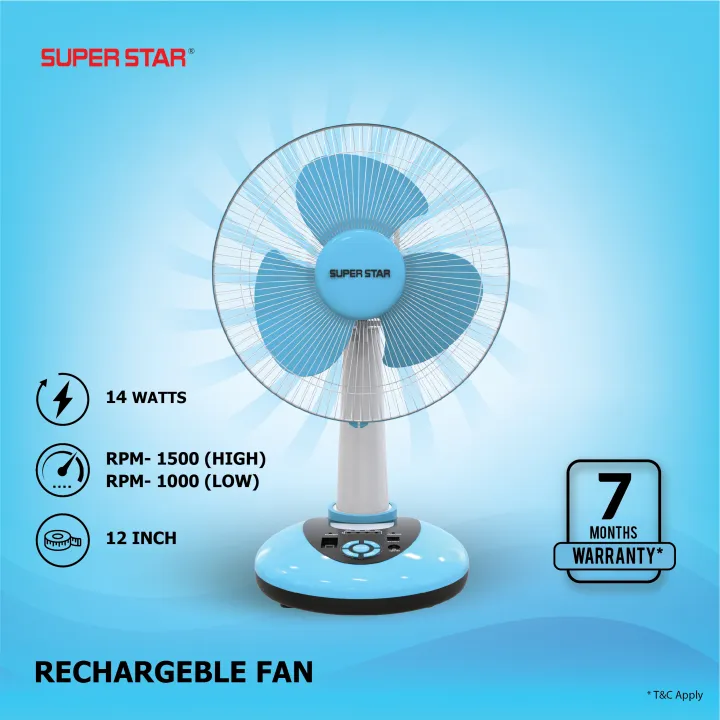 Super Star Rechargeable Table Fan Blue- 12 inch