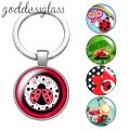 Cute Lovely Ladybug dots insect animals Round glass cabochon keychain Bag Car key chain Ring Holder Charms keychains for gift. 