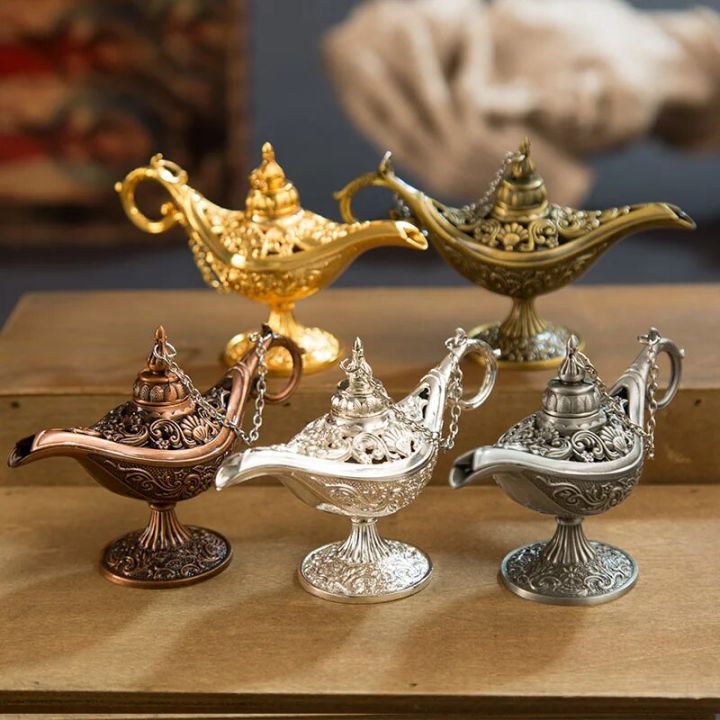 12cm(4.7)Classic Rare Hollow Legend Aladdin Magic Genie Lamps Incense Burners Retro Wishing Oil Lamp Home Decor Gift