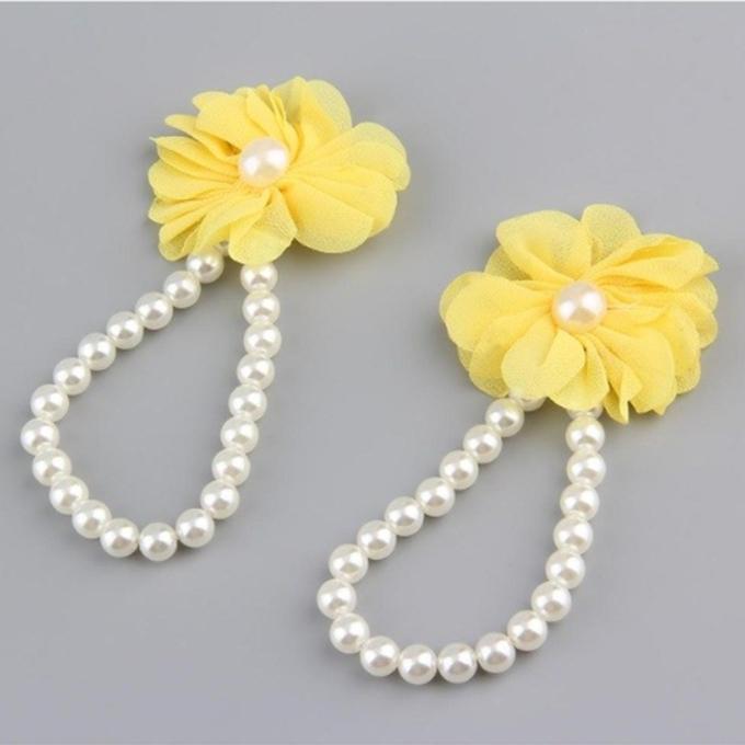 Yellow Chiffon and Artificial Pearl Bare Foot Sandal For Girls