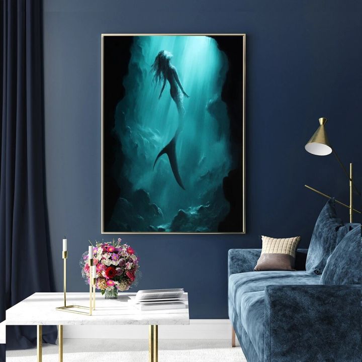 Siren%20Mermaid%20Fantasy%20Ocean%20Art%20Painting%20Print%20Canvas%20Poster%20Black%20Green%20Sea%20Underwater%20Cave%20Picture%20Living%20Room%20Home%20Wall%20Decor%20-%20Image%202