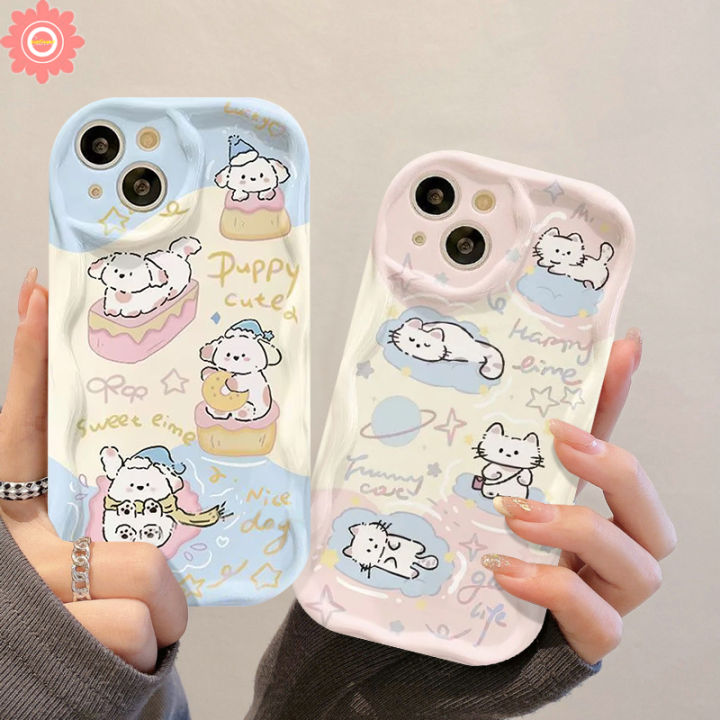 Creative Candy-Colored Stars Cartoon Puppy Kitten Phone Case Compatible For IPhone 15 7Plus 11 14 13 12 Pro Max 7 XR X 6 8 6S Plus XS MAX SE 3D Wavy Curved Edge Soft Cover