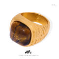European and American new cross-border light luxury retro titanium steel plated 18K gold natural tiger's eye powder stone ring jewelry wholesale.