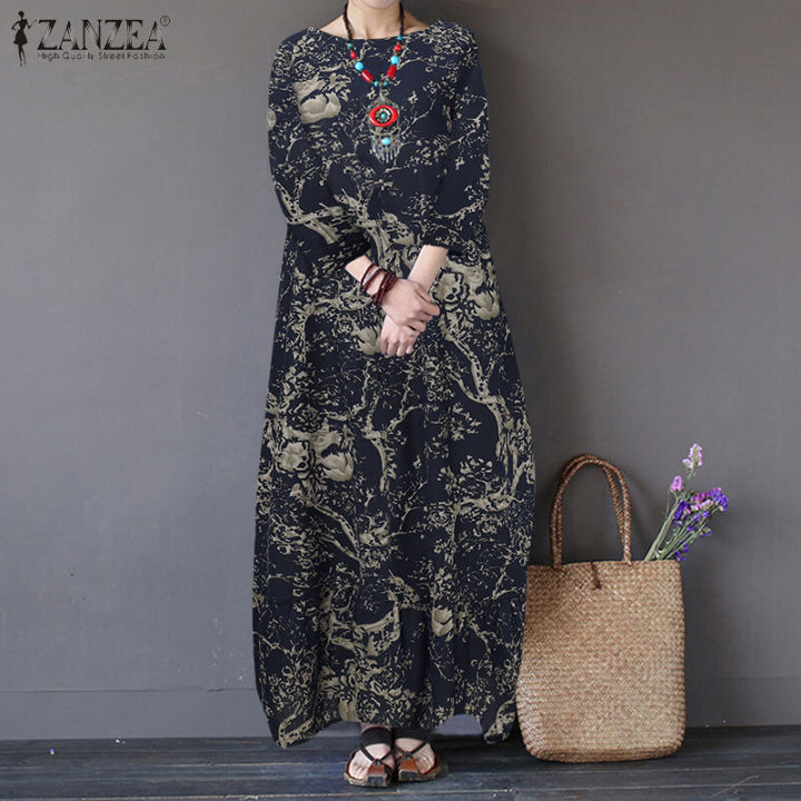 ZANZEA%20Women%20Vinatge%20Floral%20Printed%20Long%20Maxi%20Dress%20Loose%20Baggy%20Cotton%20Kaftans%20-%20Image%203