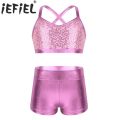 Kids Girls Ballet Dance Clothes Gymnastics Leotard Gym Sports Fitness Workout Tankini Outfit Shiny Sequins Tank Bra Tops Shorts.