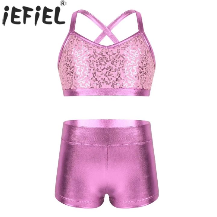 Kids Girls Ballet Dance Clothes Gymnastics Leotard Gym Sports Fitness Workout Tankini Outfit Shiny Sequins Tank Bra Tops Shorts