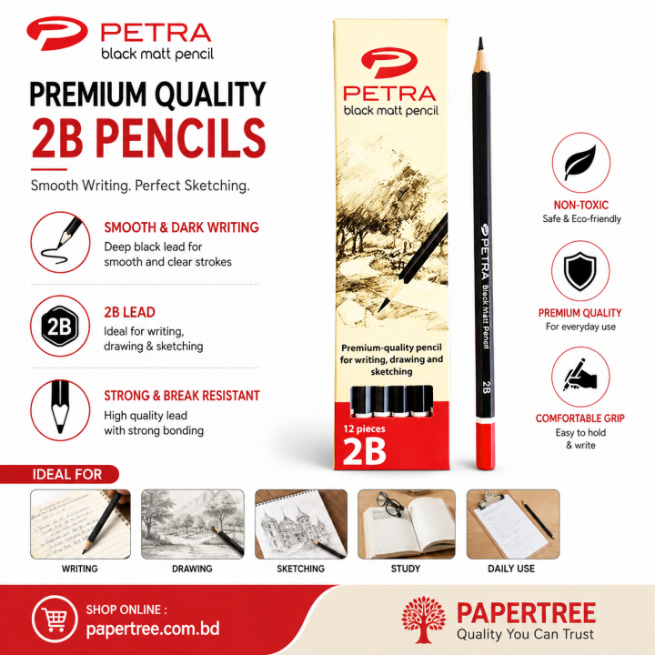 PETRA Black Matte 2B Pencils 12-Pack for Writing, Drawing, Sketching