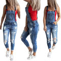 Women's Denim Overalls, Casual Slim Fit Ankle Length Skinny Leg Ripped Bib Overalls Long Jumpsuit. 