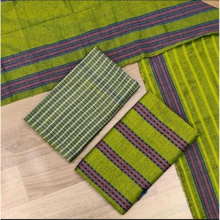 Deshi Tat Screen Print Cotton Three-Piece for Women - Light Green - Suitable for All Seasons and Occasions