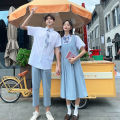 Couple Clothes Junior High School Student Shirt Suspender Long Skirt Summer Clothes2023New Korean Style Preppy Style Dress Suit. 