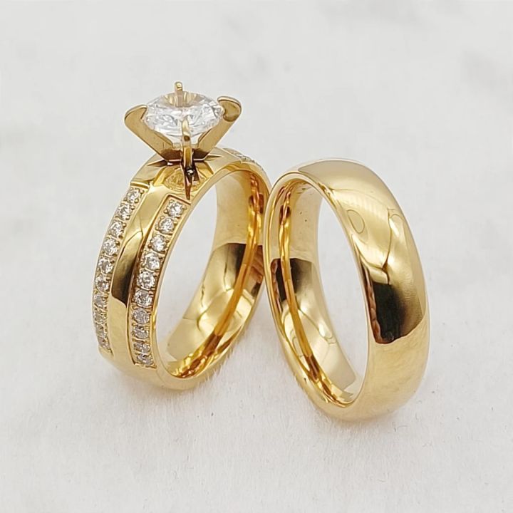 Ladies Big Stone cz Diamond Engagement Promise Anniversary Wedding Rings for Couples Dubai 24k Gold Plated Stainless Jewelry