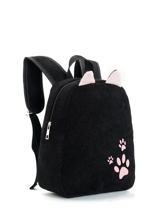 Girls Boys Cute Casual Cat Footprint Print Corduroy Adjustable Kids Backpack Kids School Bag For Outdoor Travel Students