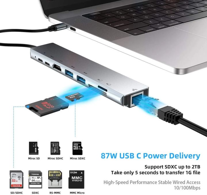 USB%20C%20HUB%208%20in%201%20USB%20C%20Adapter%20with%204K%20HDMI%20100W%20PD%20USB%203.0%20RJ45%20Ethernet%20SD/TF%20Card%20Reader%20MacBook%20pro%20air%20ipad%20-%20Image%206
