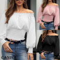Hot Off Shoulder Autumn Chiffon Shirts Top Lady Women Long Sleeve Shirt Slim Casual Solid White Blouses.