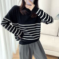 Fashion Slimming round Neck Sweater Women's Black and White Striped Loose Korean Style Outer Wear Autumn and Winter All-Matching Base Sweater. 