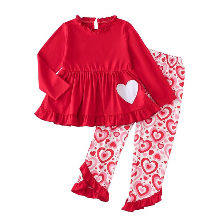 1~6 Years Baby Girl Spring Clothes Set Love Heart Xmas Long Sleeve Top +Pant Outfit for Kids Girl 2t 3t 4t 5t New Year Christmas