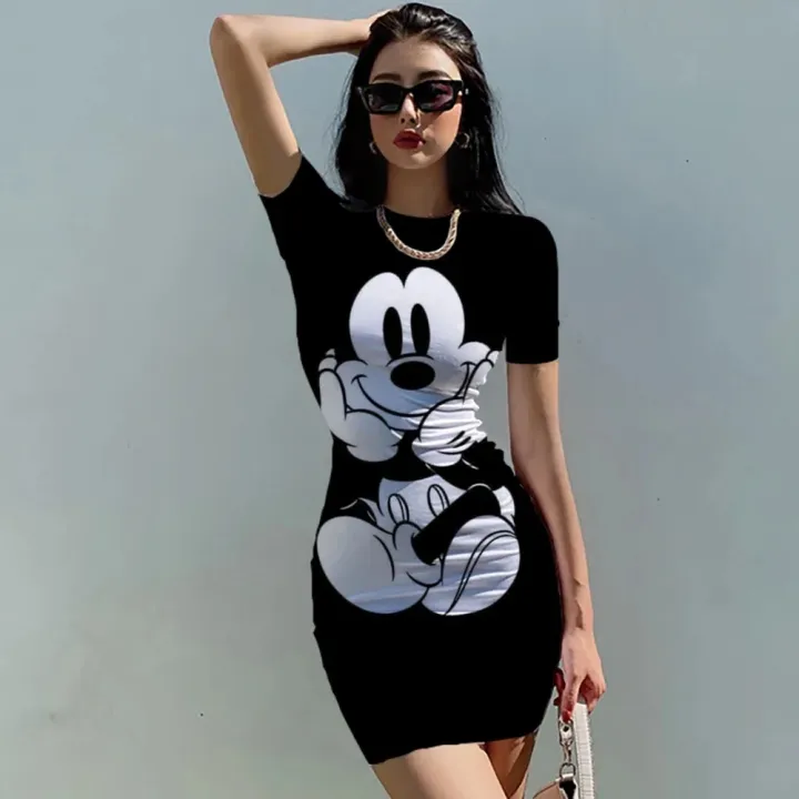 Disney%20Minnie%20Mickey%20Mouse%20bow%20print%20Elegant%20Pencil%20Dress%20Womens%20Simple%20Sheath%20Office%20Dresses%20Summer%20Short%20sleeve%20Casual%20Vestido%20-%20Image%206