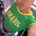 2024 Retro Street Aesthetic Baby T-shirt Women Green Brazil Letters Print Crop Tops Casual Slim Short Sleeve Y2k Clothes E-girls.