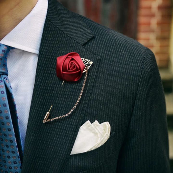 1pc Men's Suit Rose Flower Brooches Canvas Fabric Ribbon Tie Lapel Pin Badge With Tassel Chain Men Wedding Boutonniere Brooch
