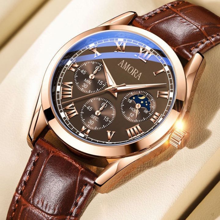 Dropshipping AMORA watches, men's fashion trends, business belts, pin buckles, men's watches, luminous couple quartz watches