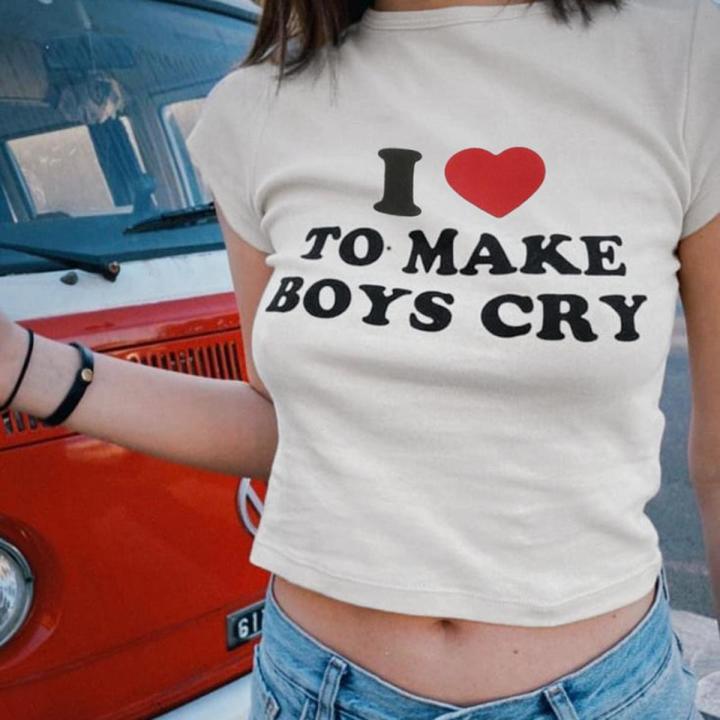 I Love To Make Boys Cry Letter Print T-shirts Y2k Women's O-neck Short Sleeve Casual Crop Top Harajuku Fashion Tight Corset