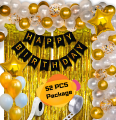 Birthday Decoration Combo Pack With Birthday Card Banners, Golden Foil Curtains, Golden Confetti Balloons, Metallic Balloons, Balloon Arch & Glue. 