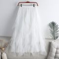 Big Ruffles Tulle Skirt Womens Autumn Winter High Waist Elegant Pleated Skirts Female Korean Fashion Casual Mesh Skirt.