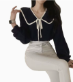 【Exclusive Limited Edition】 Spring and Summer 2023 New Doll Collar Lace-up Lantern Sleeve Shirt Women's Inner and Outer Wear Solid Color Shirt. 