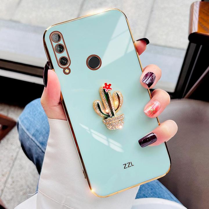For Huawei Y9 Prime 2019 Cover Fashion Rhinestone 3D Cactus Shiny Plating Square Bumper Phone Case Soft Silicone Shockproof Protective Back Cover