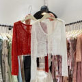 South Korea 2024 Summer New All-Matching Hollow Crocheted Flower Linen Knitwear Lace-up Long Sleeve Cardigan Shawl for Women.
