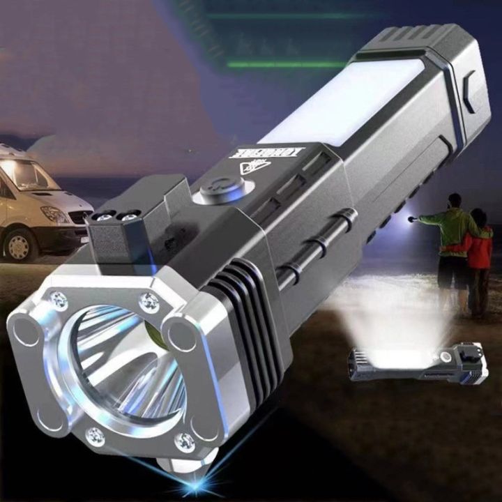 USB Charging Super Bright LED Flashlight with Safety Hammer Side Light Torch Light Portable Lantern Outdoor Adventure Lighting