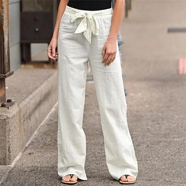 Casual Cotton Linen Pants Women Loose Solid Color Lace Up Elastic Waist Wide Leg Trousers Famale Streetwear Straight Sweatpants