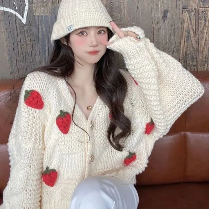 MEXZT Women Harajuku Strawberry Loose Cardigan Sweater Fall Fashion Long Sleeve Korean Tops Chic Female Preppy Style Y2k Sweater