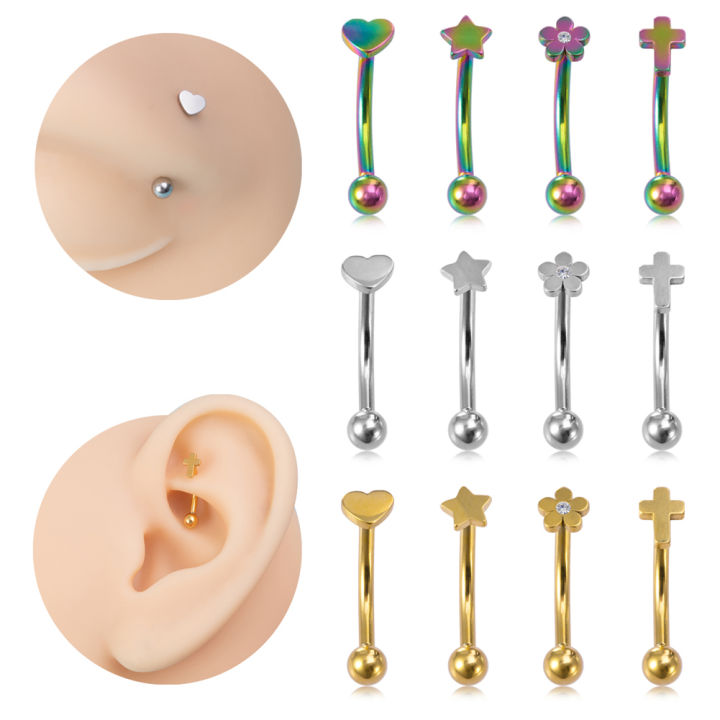 Cross Star Heart Flower Curved Piercing Barbell for Daith Eyebrow Rook Belly Button Ring Surgical Steel Body Jewelry 16G 8mm