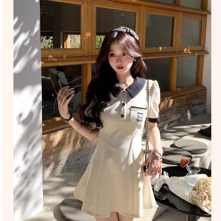 Fashion Korean Style Sense of Design Polo Collar Short Sleeve A Line skirt 2024 Women s Summer Small Waist Slimming Dress Daraz .bd