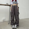 Y2K Trousers Women Cargo Pants Straight Wide Leg Drawstring Oversize Pockets Kpop High Waisted Breathable Solid Color Sweatpants. 